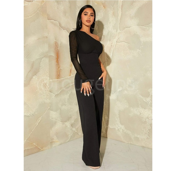 One Mesh Shoulder Black Elegant Jumpsuit High Waist Long Wide Leg - Picture 5 of 10